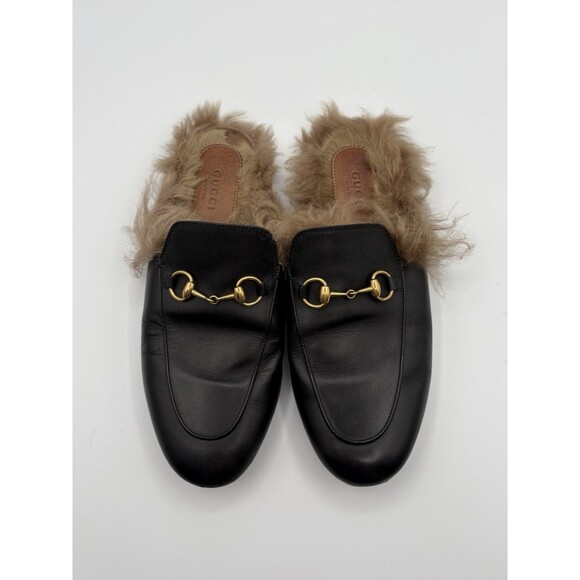 Gucci Shoes - Gucci Black Leather Princetown Loafer Mule Fur Lined Horse-bit Accent Sz EU 37.5